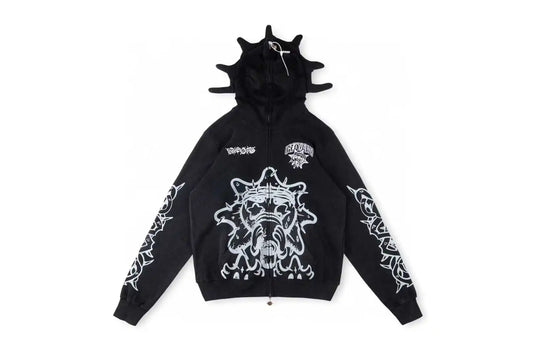 Black hoodie with white graphics on a white background