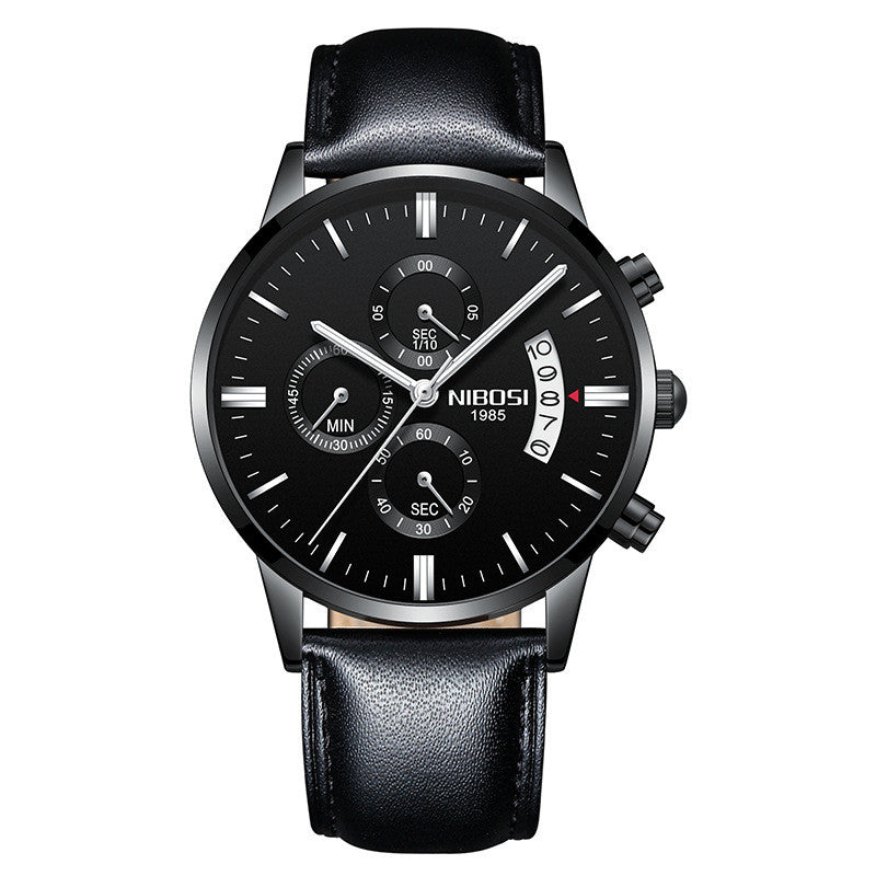 Black mens luxury wristwatch with detailed face on a white background