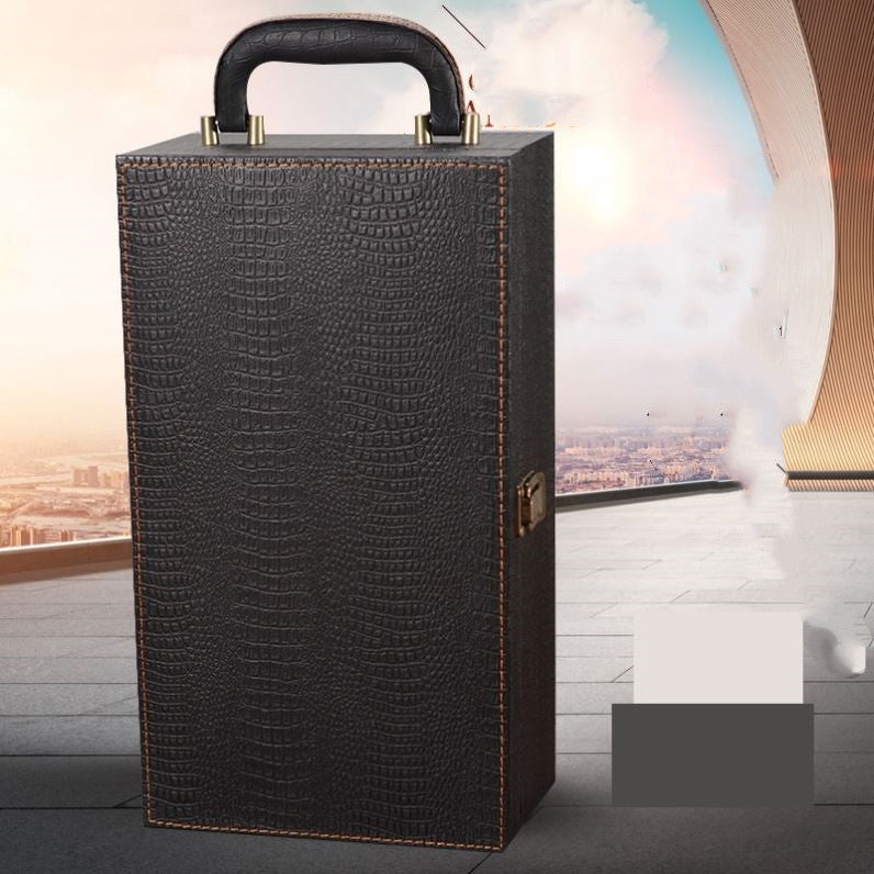 Black textured wine box with handle on a blurred cityscape background