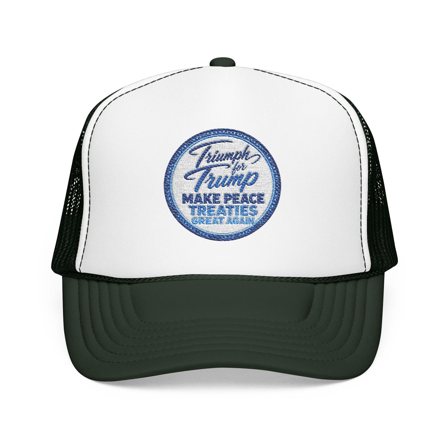 Trucker hat with a blue and white graphic on a white background Black unisex foam trucker cap with vintage embroidered "Triumph for Trump – Make Peace Treaties Great Again" political patch.