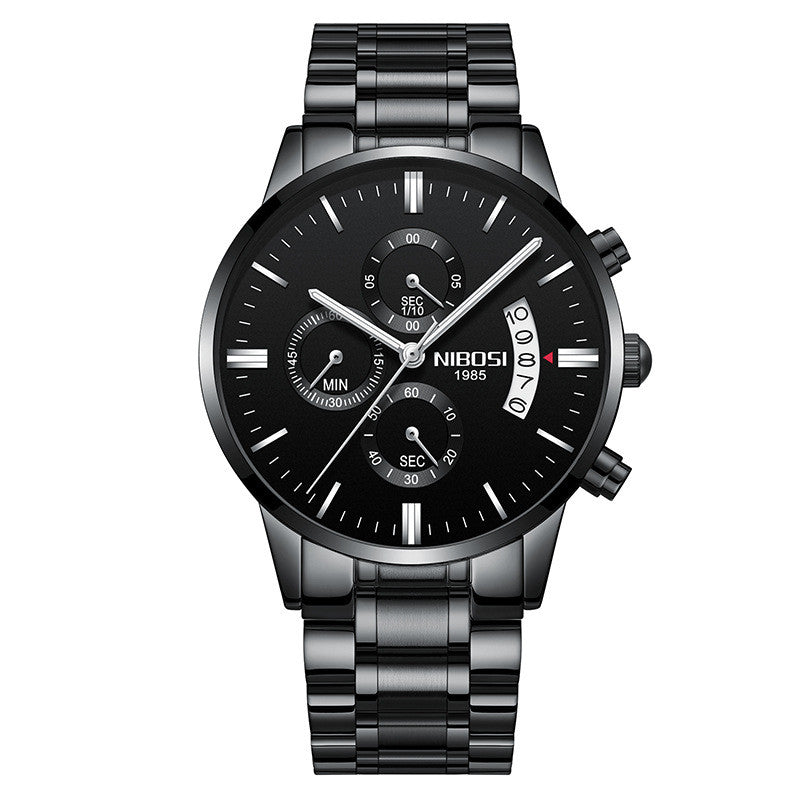 Black wristwatch with silver accents on a white background