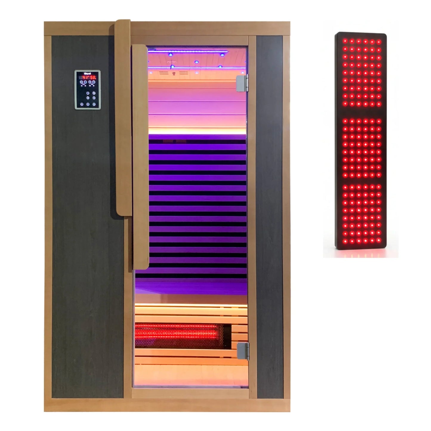 Infrared sauna with colorful interior lights and a LED panel on the right.