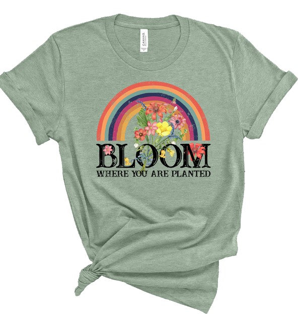 Light heather sage women's graphic T-shirt featuring a colorful rainbow filled with vibrant flowers above the inspirational phrase "Bloom Where You Are Planted." Soft short-sleeve crew neck tee with a knotted front styling on a white background, perfect for casual everyday wear, Christian faith-inspired fashion, spring and summer outfits, and motivational gifting.