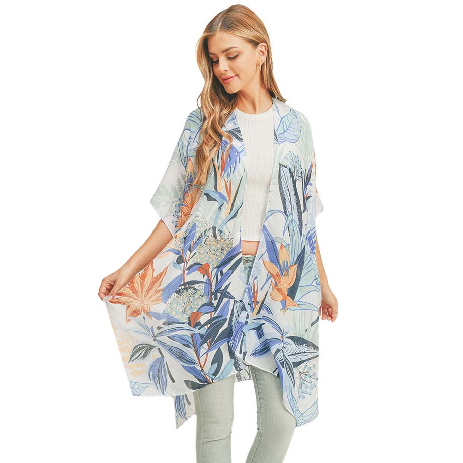 Flower Leaf Print Cover Up Kimono Poncho