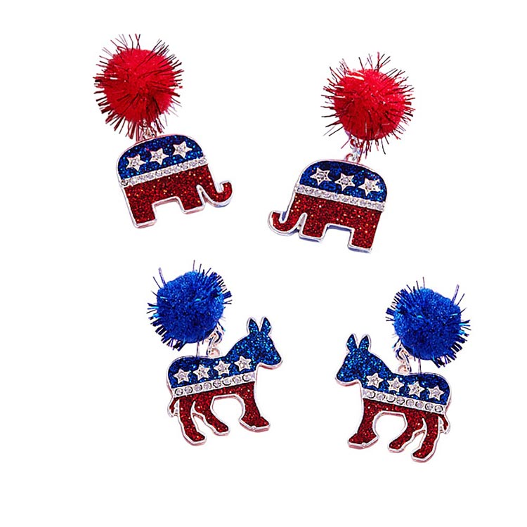 Pom Pom Glittered Enamel Democrat Donkey Dangle Earrings