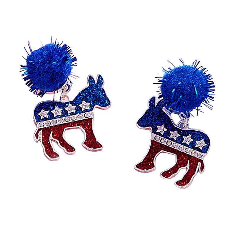 Pom Pom Glittered Enamel Democrat Donkey Dangle Earrings