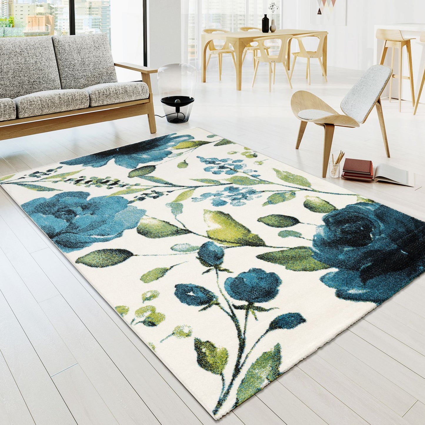 Artful Area Rug with Artful Watercolor Roses in Blue-0