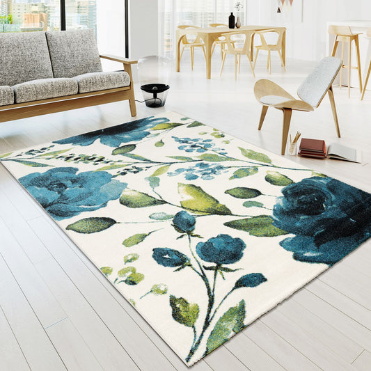 Artful Area Rug with Artful Watercolor Roses in Blue-0