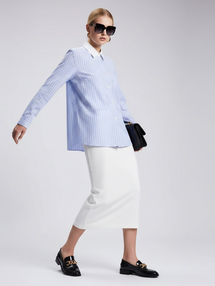 Blue Striped Shirt with Contrast Collar and Double Pockets • BYMANYC ® New York-0