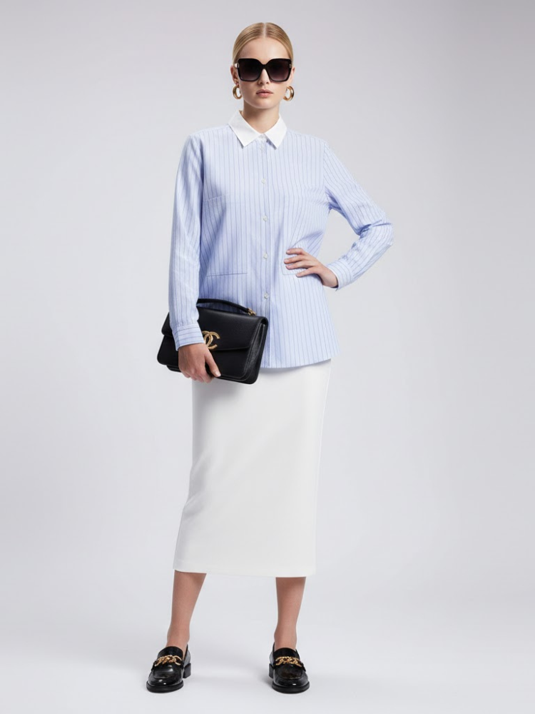 Blue Striped Shirt with Contrast Collar and Double Pockets • BYMANYC ® New York-1