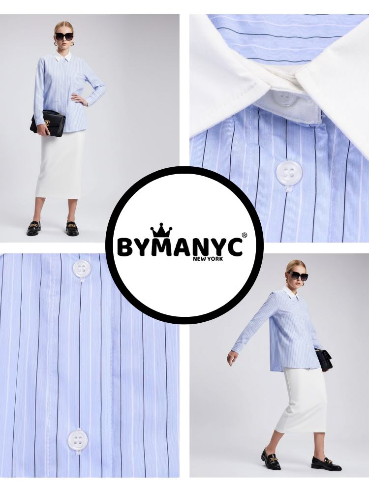 Blue Striped Shirt with Contrast Collar and Double Pockets • BYMANYC ® New York-2