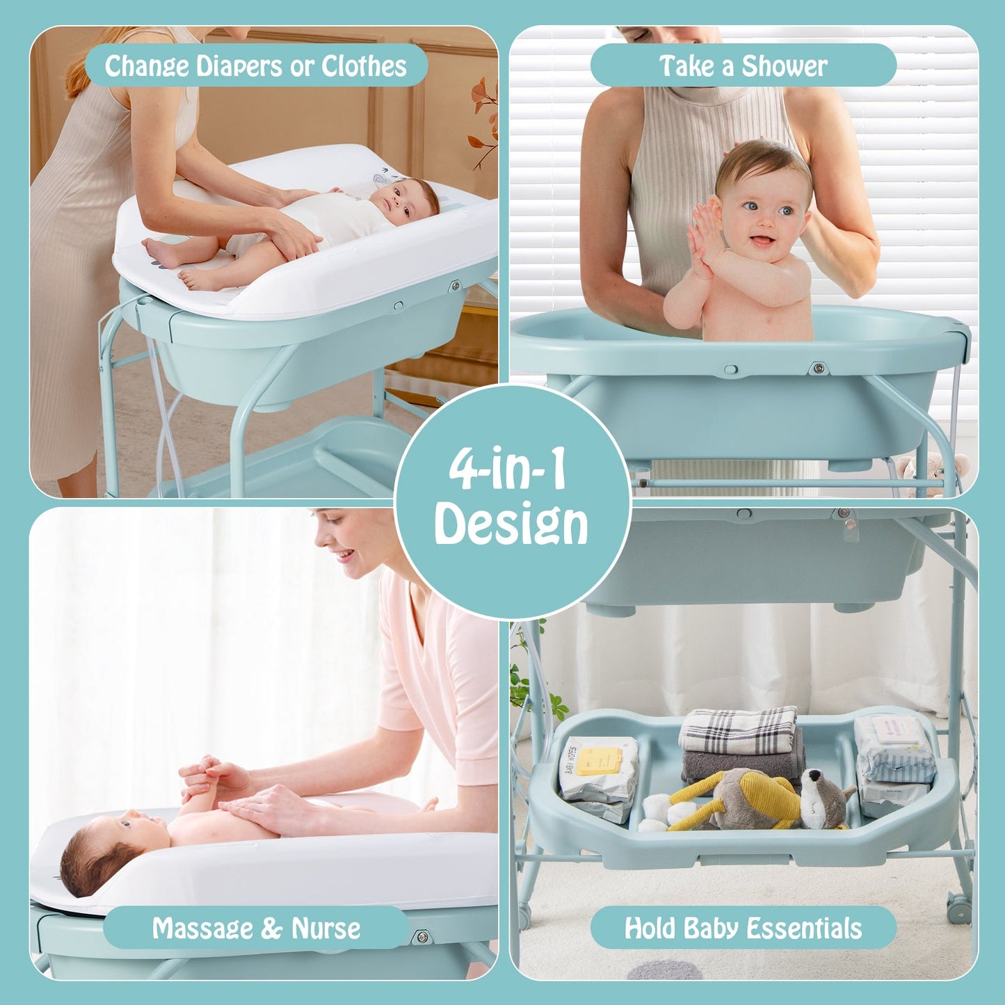 Folding Baby Changing Table with Bathtub and 4 Universal Wheels