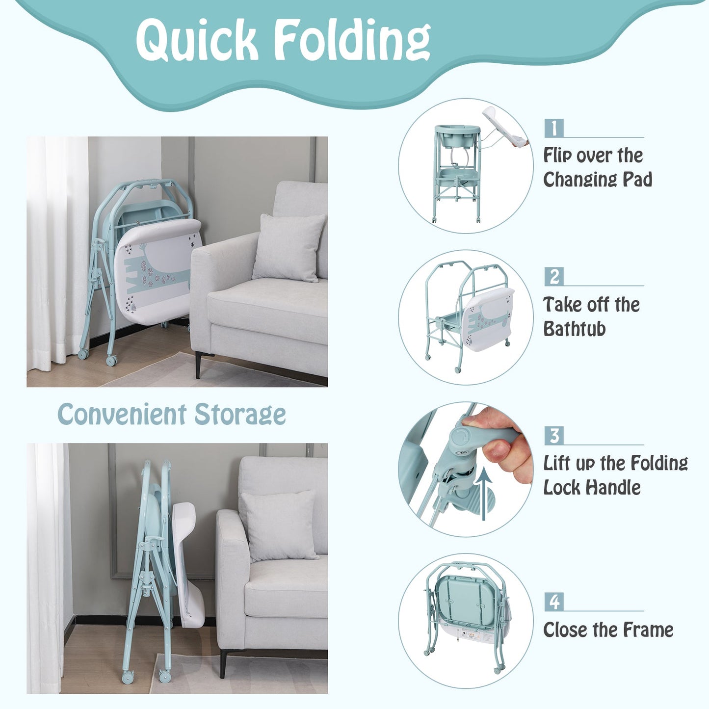 Folding Baby Changing Table with Bathtub and 4 Universal Wheels