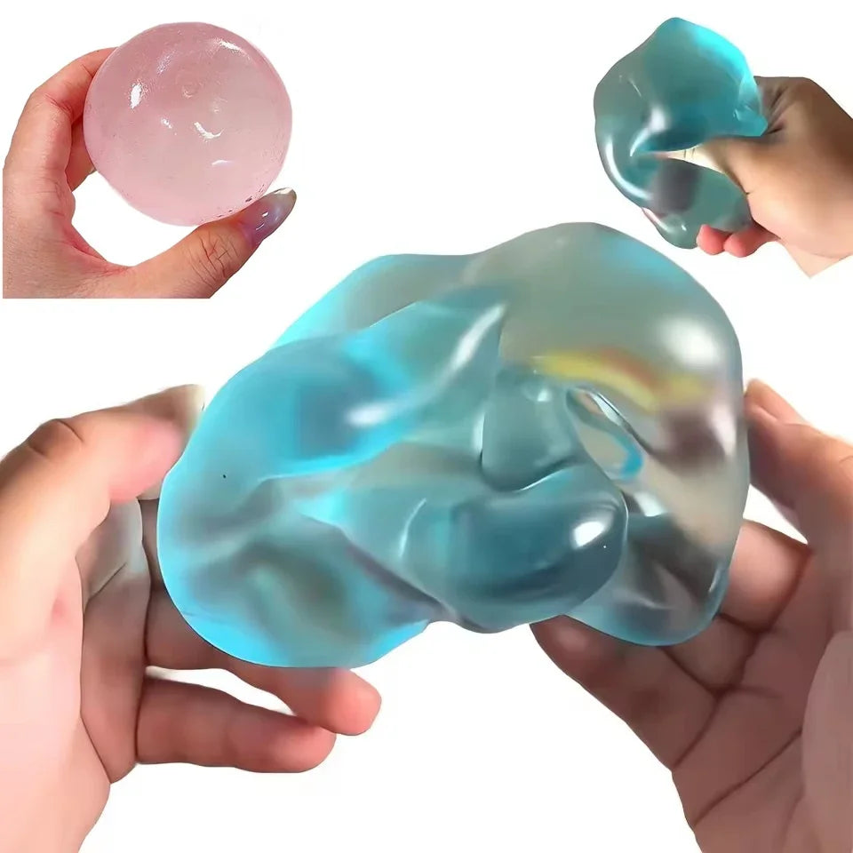 Blue translucent maltose squishy stress toy being stretched and squeezed by hands, slow rebound sensory fidget ball and slime-like gel for anxiety relief, tactile desk toy, ADHD autism sensory support, transparent anti-stress squeeze toy.