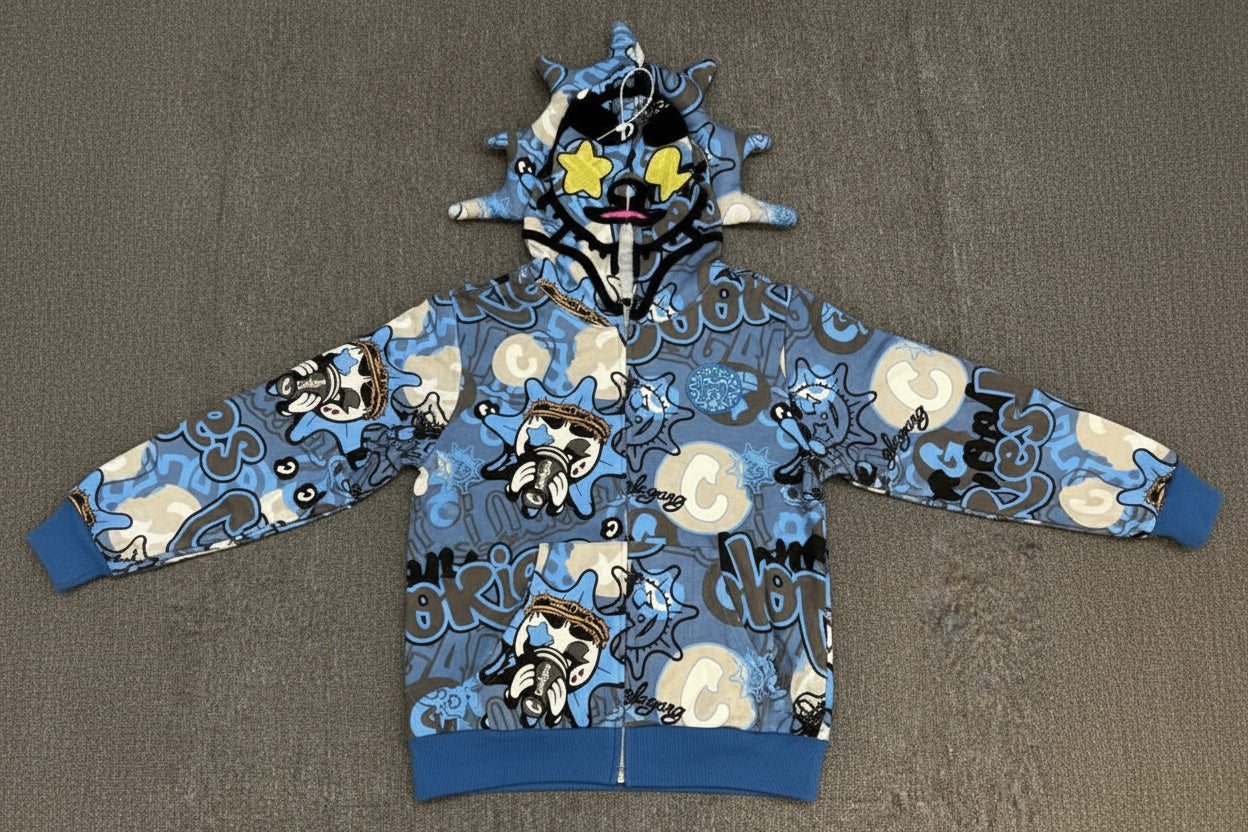 Blue hoodie with graphic designs and text on a brown background