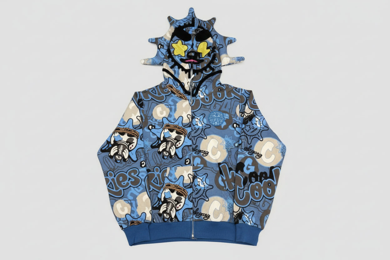 Blue hoodie with graphic designs and text on a brown background