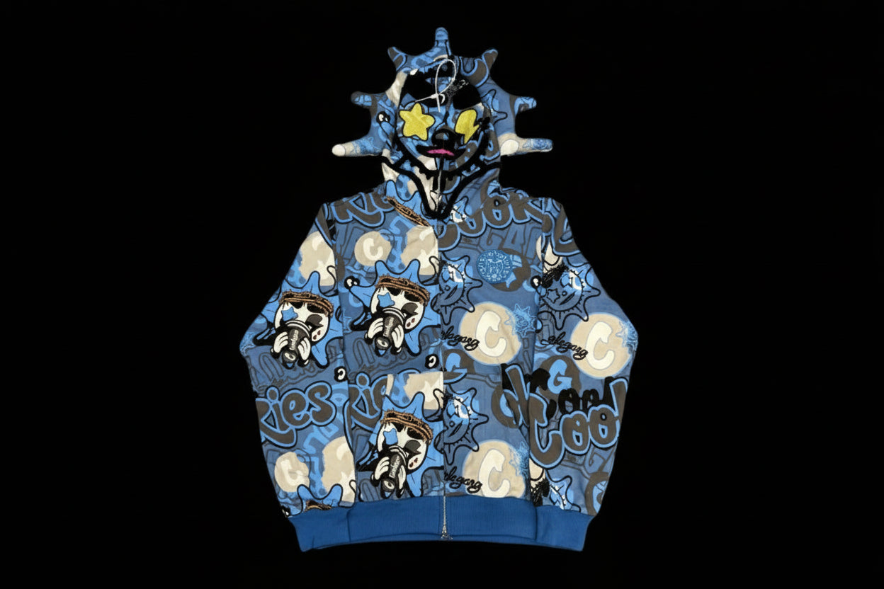 Blue hoodie with graphic designs and text on a brown background