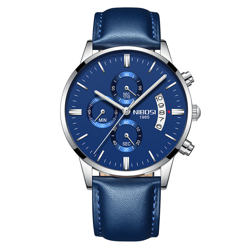 Blue luxury mens wristwatch with a blue strap on a white background