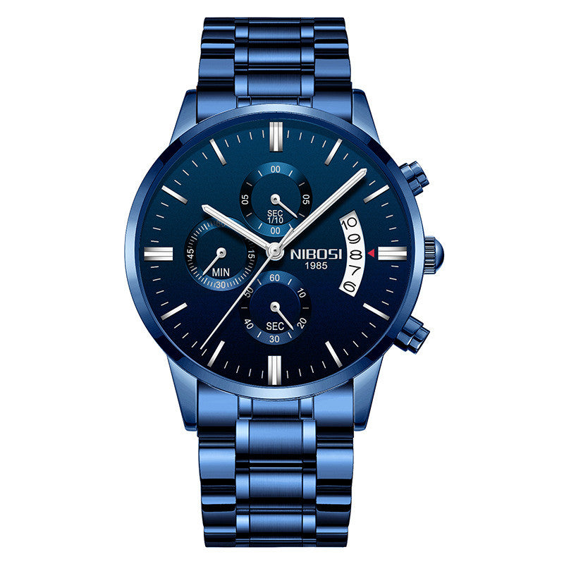 Blue luxury mens wristwatch with detailed face on a white background