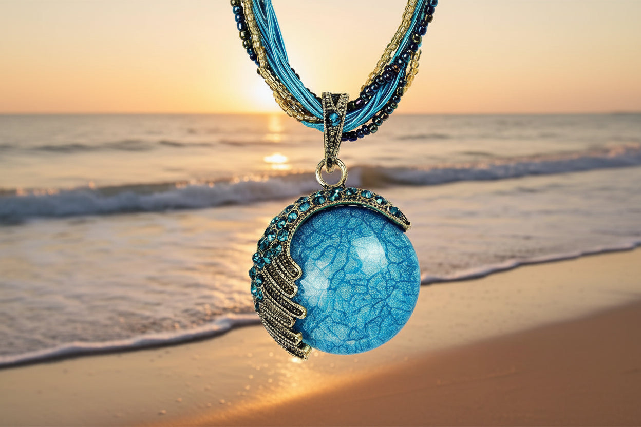 Blue necklace with a textured pendant on a beach at sunset