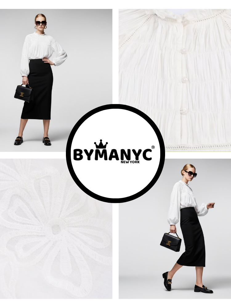 Bohemian White Cotton Blouse with Smocked Detail and Embroidery • BYMANYC ® New York-2