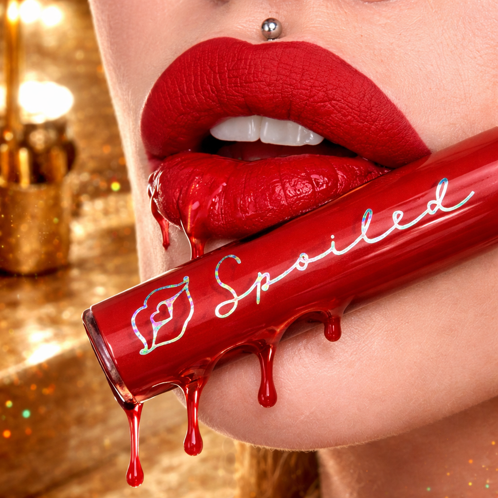 Red lip gloss with 'Spoiled' text applied to a person's lips and gloss, set against a blurred background.