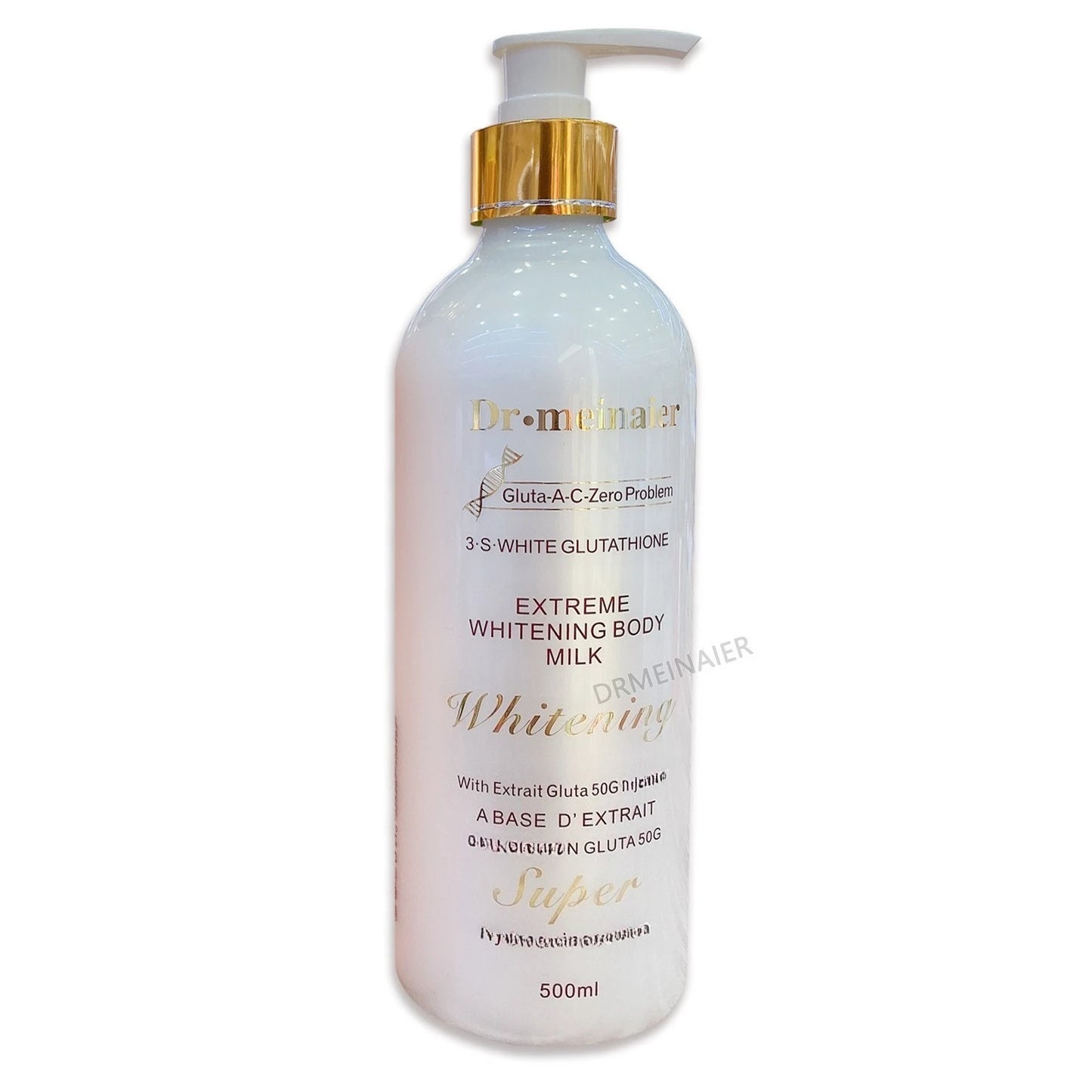 Bottle of Dermarena Extreme Whitening Body Milk on a white background. 24K Gold Glutathione Whitening Body Lotion Moisturizing Brightening and Firming Body Cream skin lightener