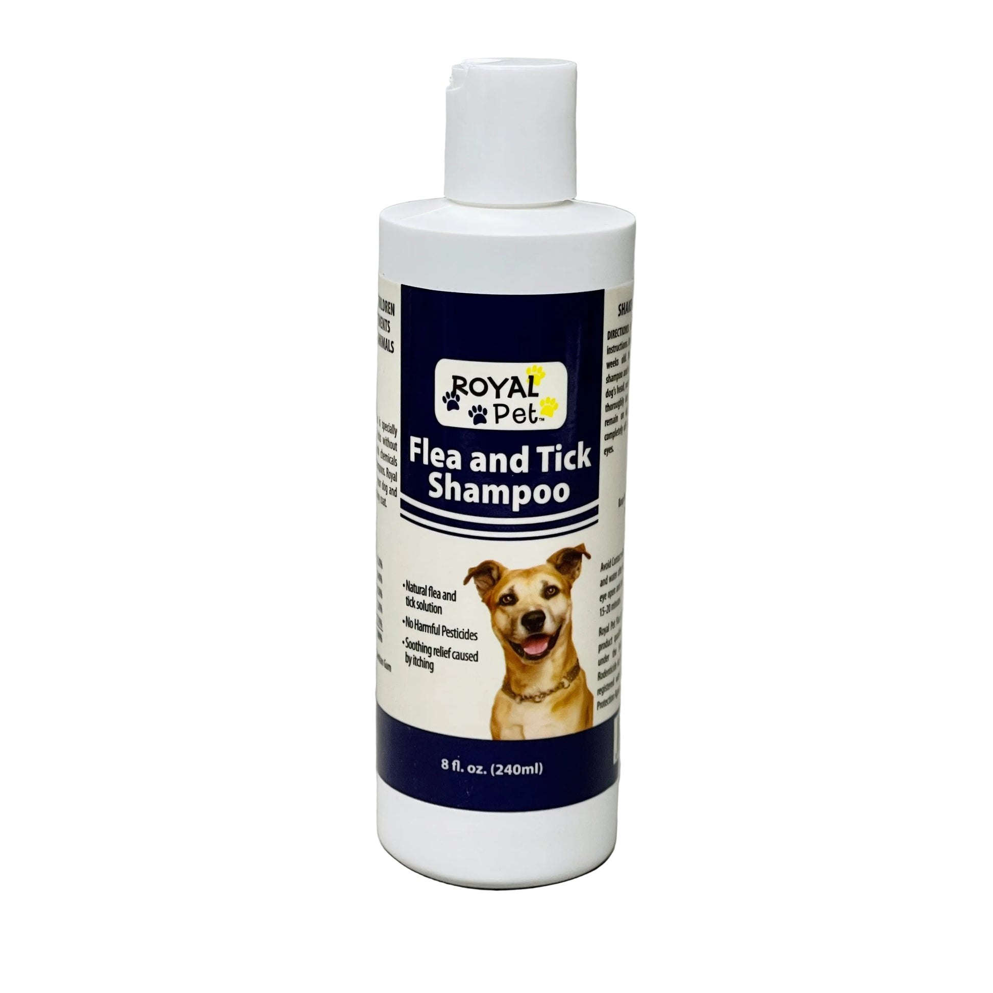 Bottle of Royal Pet Flea and Tick Shampoo on a gray background