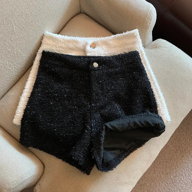 Boucle texture lounge short for women black and ivory cream knit. A photo of two pairs Boucle texture lounge short for women black and ivory cream knit