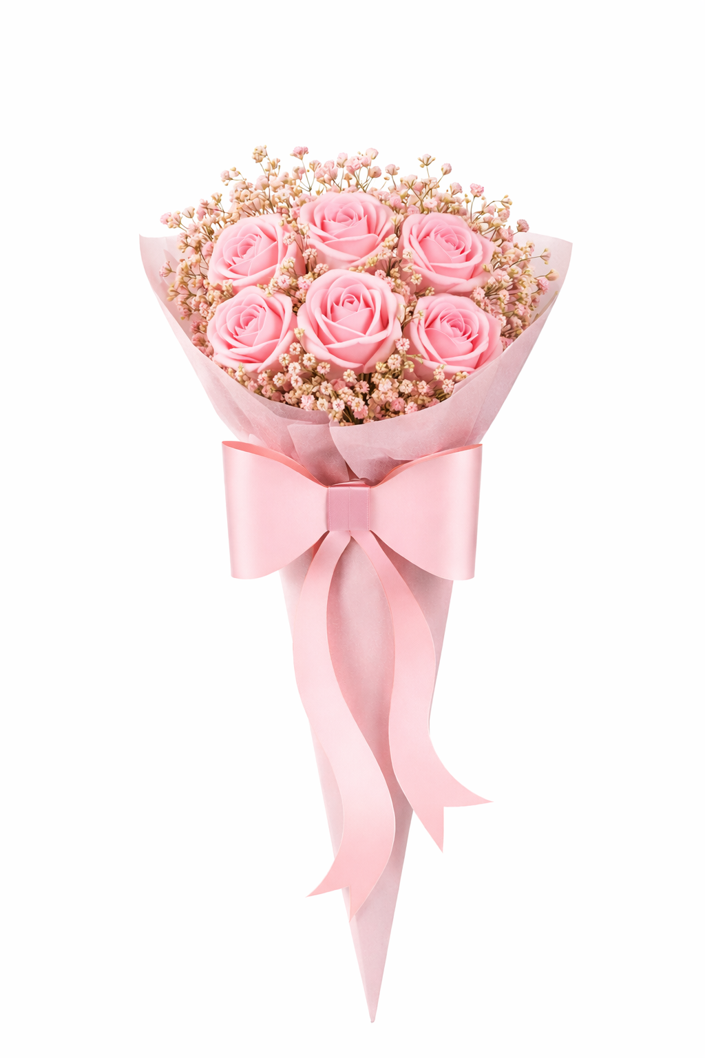 Bouquet of pink roses with a pink ribbon on a white background with pink baby's breath is a gift wrap for rose bouquets 