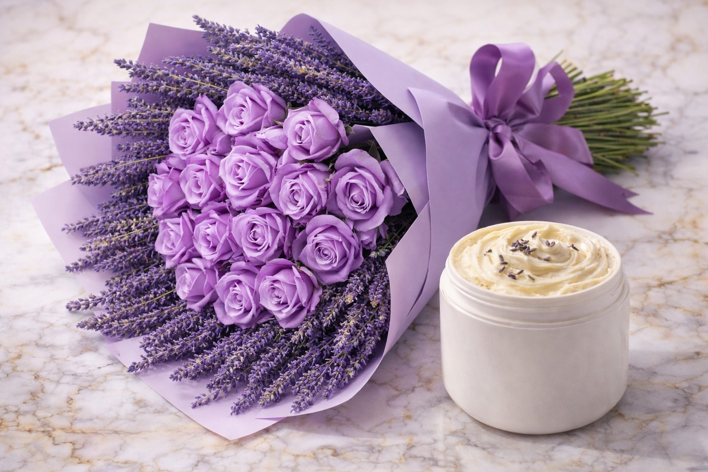 Bouquet of purple roses and lavender with a container of cream on a marble surface Bouquet of purple roses and lavender with a container of cream on a marble surface Bouquet of purple roses and lavender with a container of cream on a marble surface Bouquet of purple roses and lavender with a container of cream on a marble surface