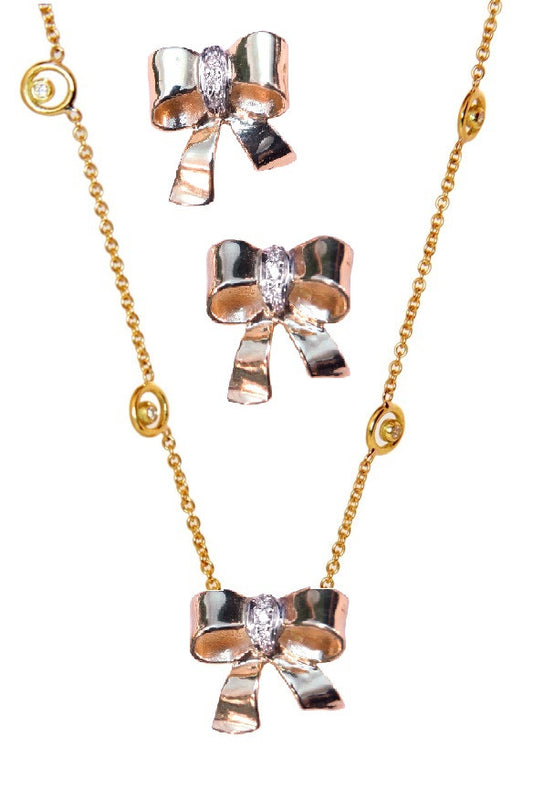 Bow Necklace-14K gold with diamonds on Karma chain with diamond dots-0