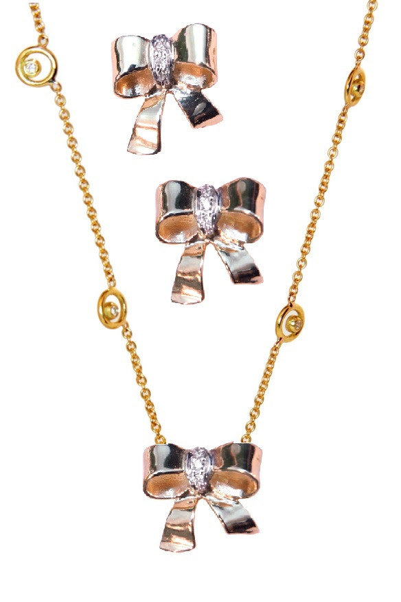 Bow Necklace-18K gold with diamonds on Karma chain with diamond dots-1