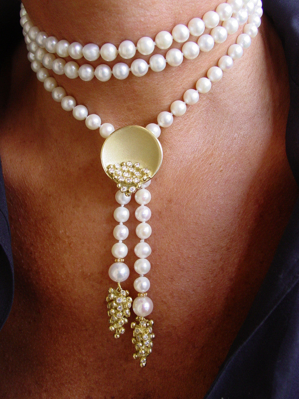 Bowl of Diamonds Necklace or pearl enhancer-large-solid 18K dots of diamonds, sterling silver bowl-1