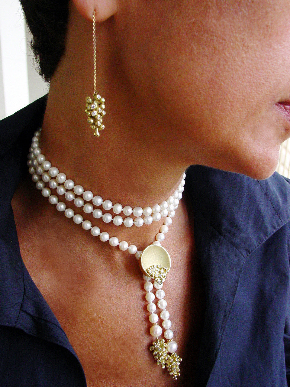 Bowl of Diamonds Necklace or pearl enhancer-large-solid 18K dots of diamonds, sterling silver bowl-2