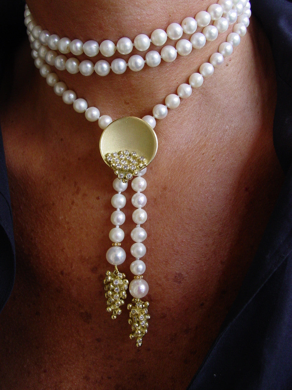 Bowl of Diamonds Necklace or pearl enhancer-large-solid 18K dots of diamonds, sterling silver bowl-3