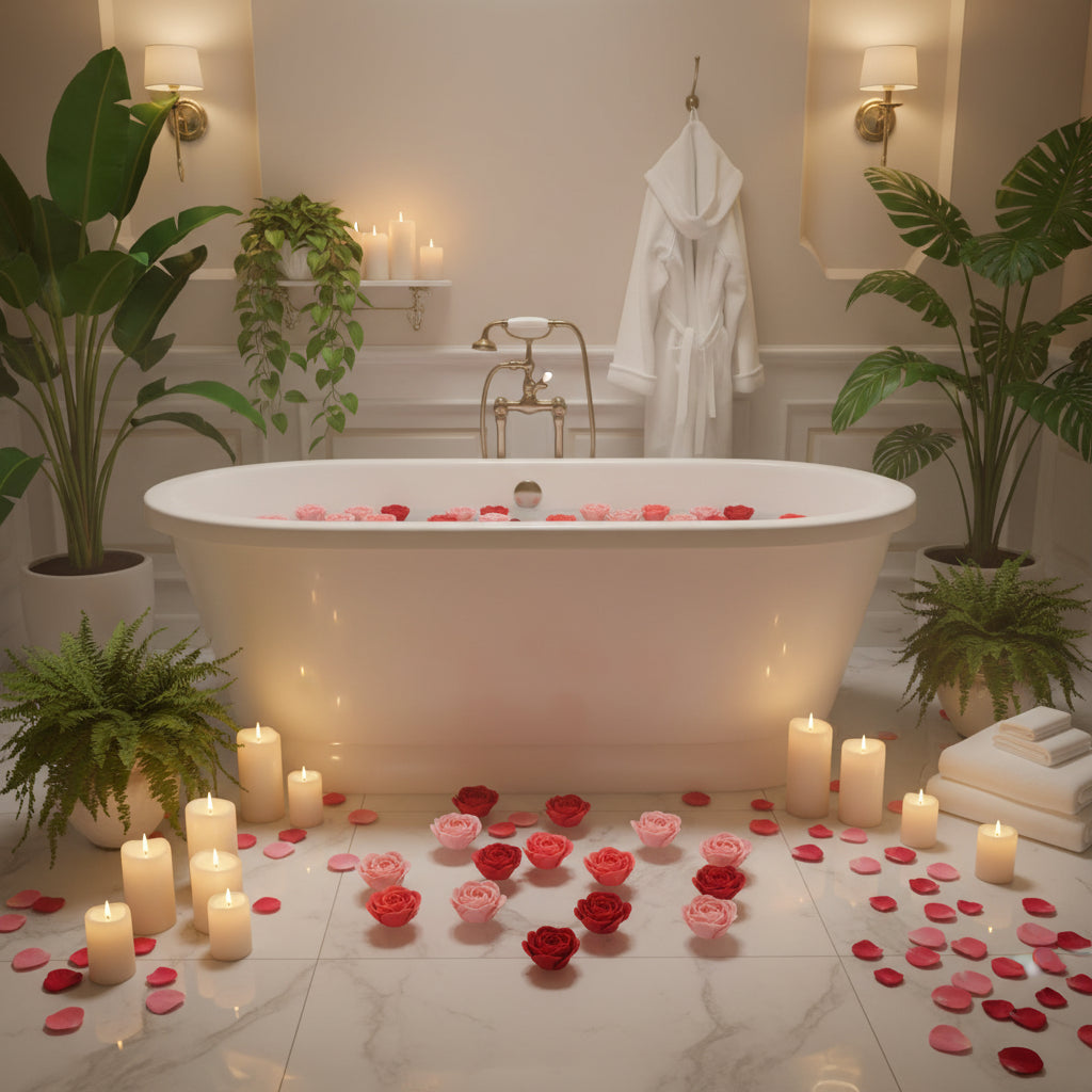 Box of red and pink rose-shaped soap flowers with 'Sweet Love' bath setting soap flowers luxury bath