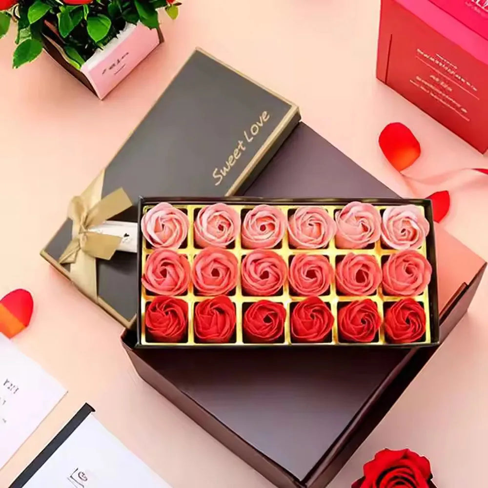 Box of red and pink roses with 'Sweet Love' text on a pink background