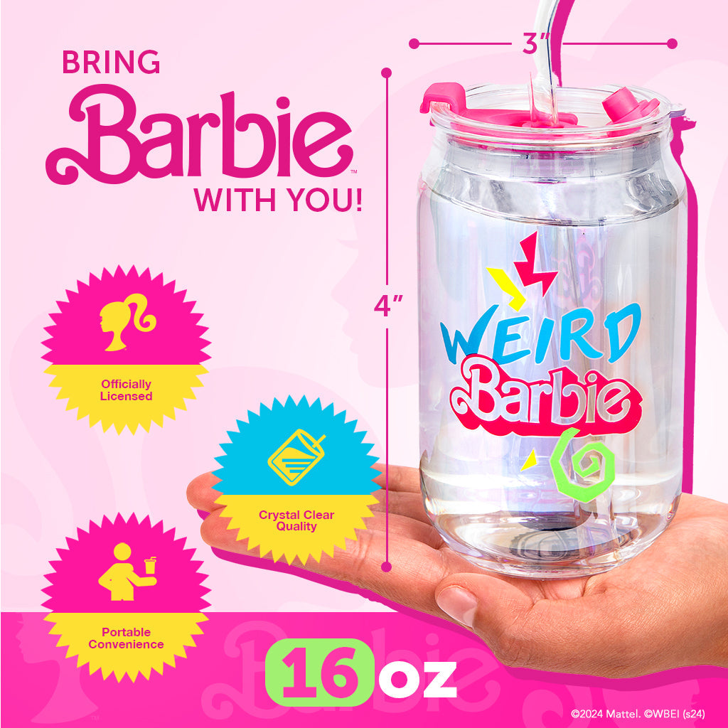 Clear tumbler with 'Weird Barbie' design held in a hand against a pink background with Barbie branding.