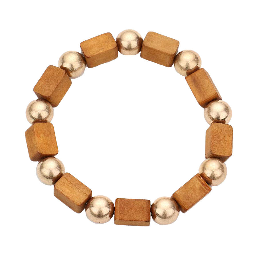 Cube Wood Metal Ball Stretch Bracelet
