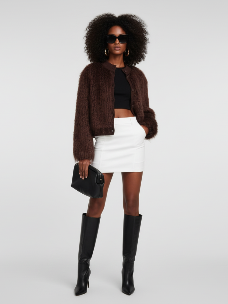 Brown Stand-Up Collar Jacket For Women, Gramercy, BYMANYC New York.-2