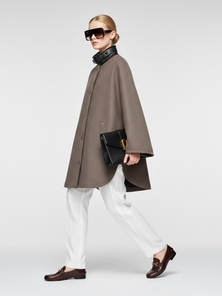 Brown Wool-Blend Jacket with Leather Collar and Egg-Shape Cut • BYMANYC ® New York-0