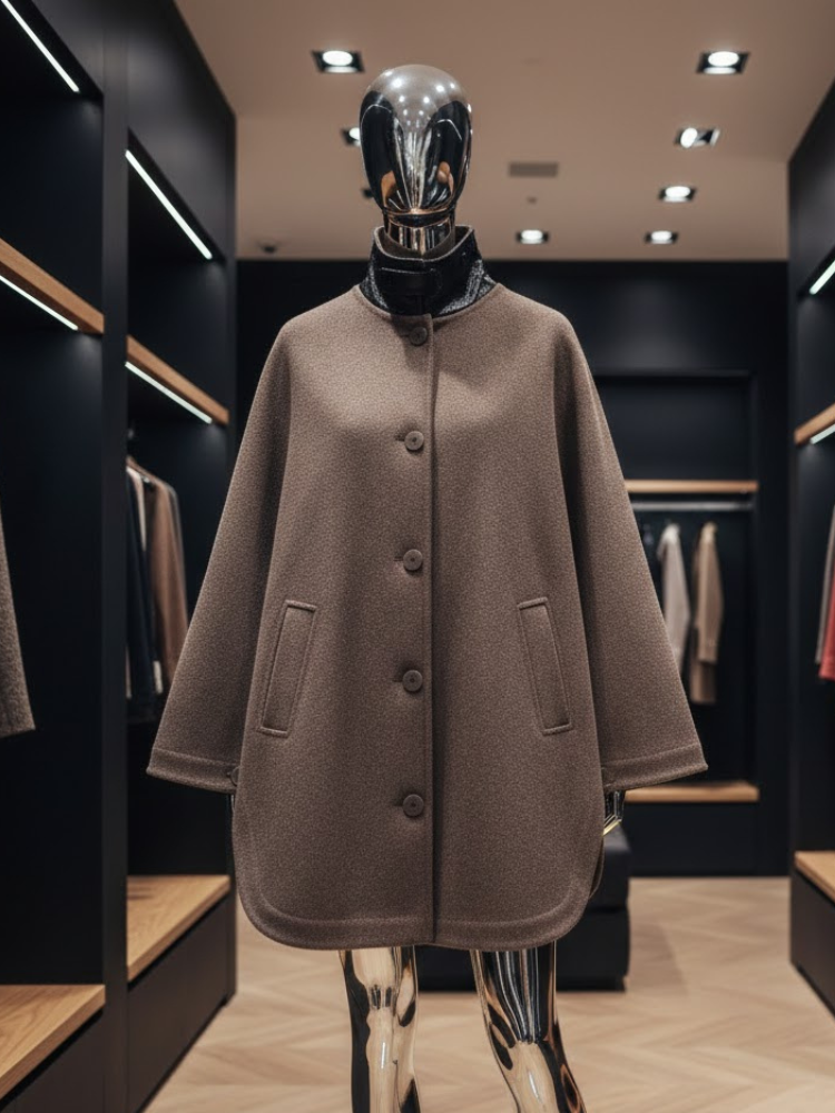 Brown Wool-Blend Jacket with Leather Collar and Egg-Shape Cut • BYMANYC ® New York-1