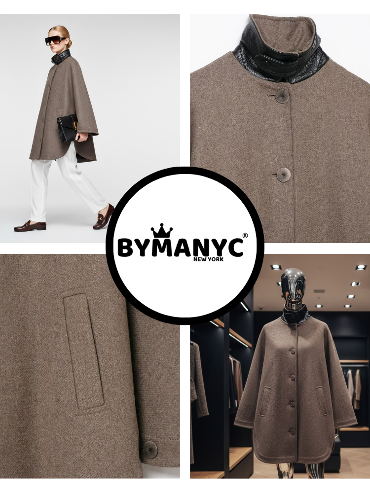 Brown Wool-Blend Jacket with Leather Collar and Egg-Shape Cut • BYMANYC ® New York-2