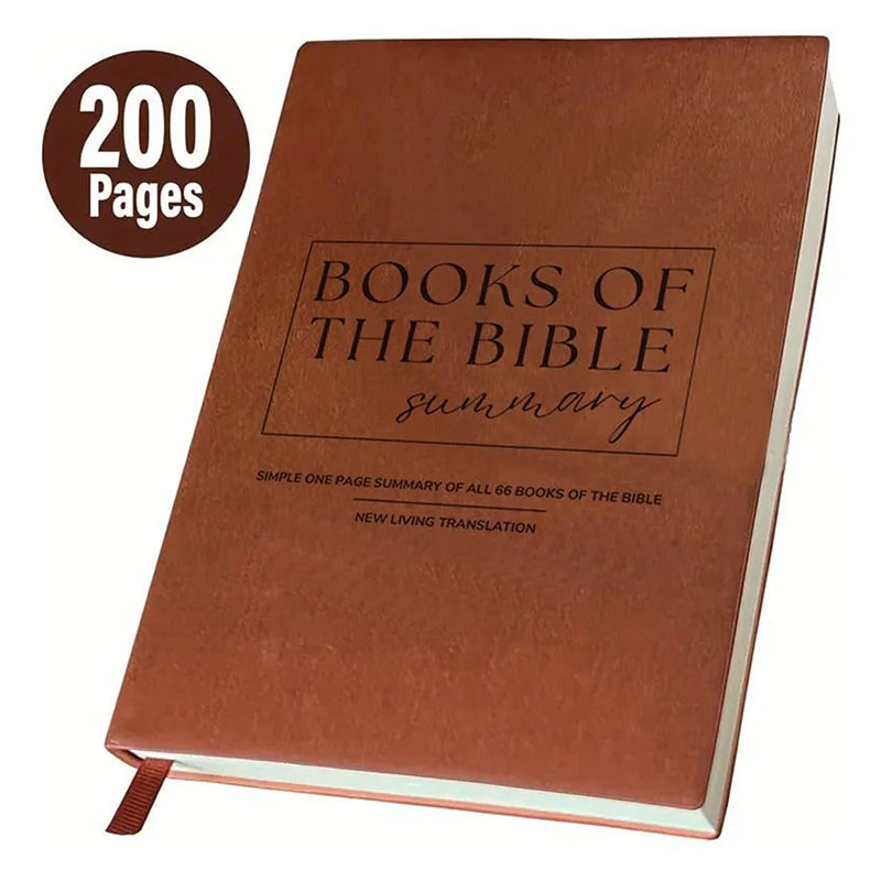 Brown book titled 'Books of the Bible Summary' with 200 pages on a white background