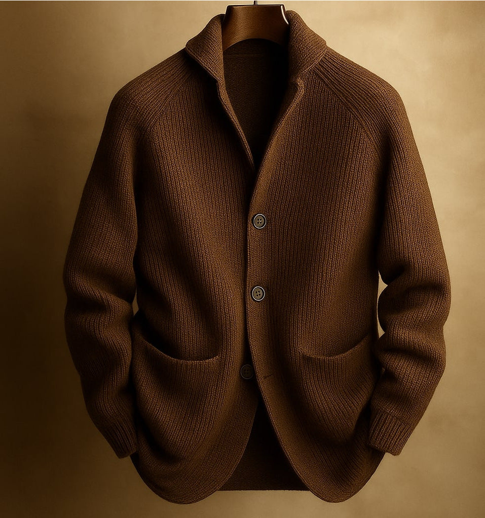 Brown knitted cardigan on a hanger against a matching background Brown knitted cardigan on a hanger against a matching background Brown knitted cardigan on a hanger against a matching background