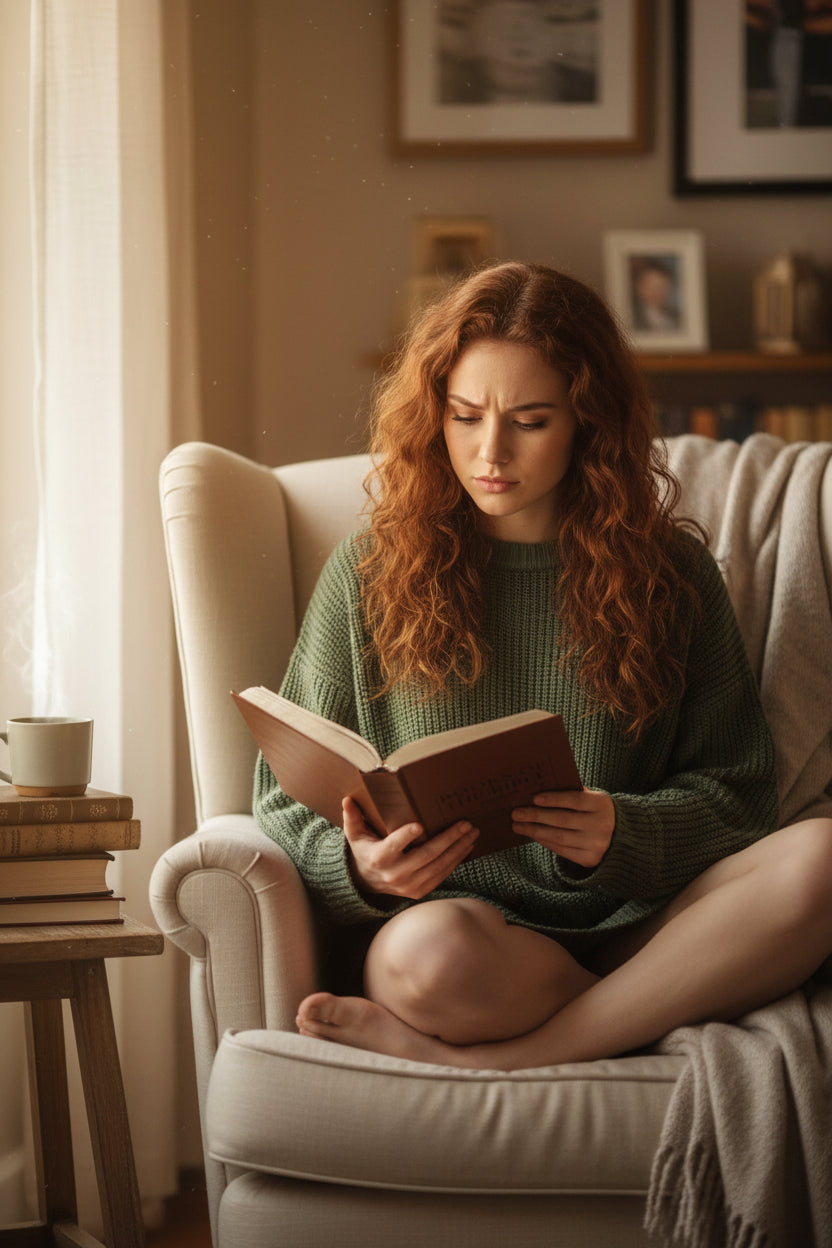 Brown notebook with 'Books of the Bible' text, mug, and glasses on a white surface