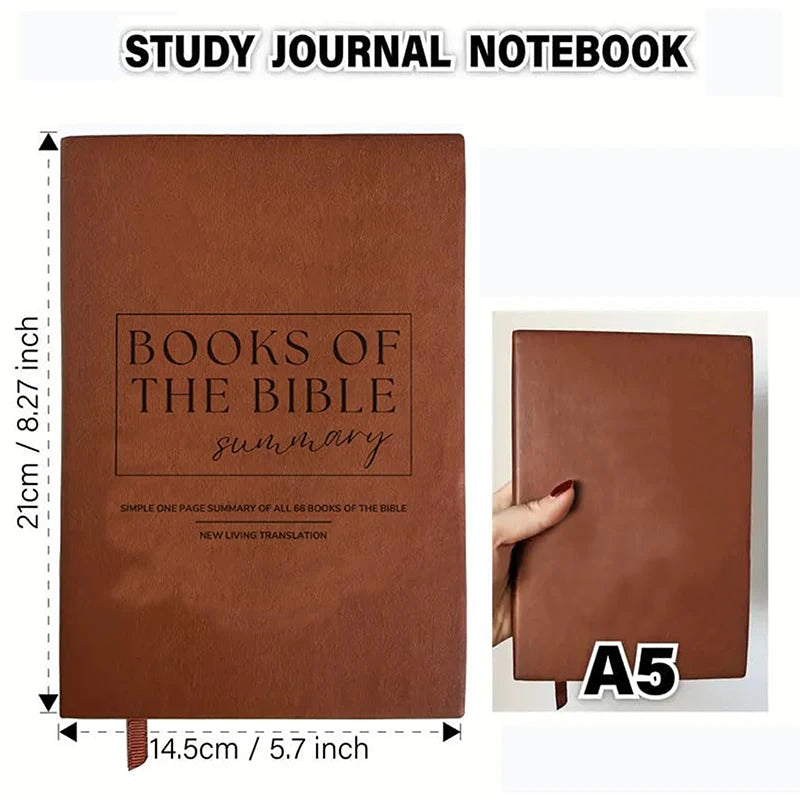Brown study journal notebook with 'Books of the Bible' summary, held by a hand, with dimensions displayed.