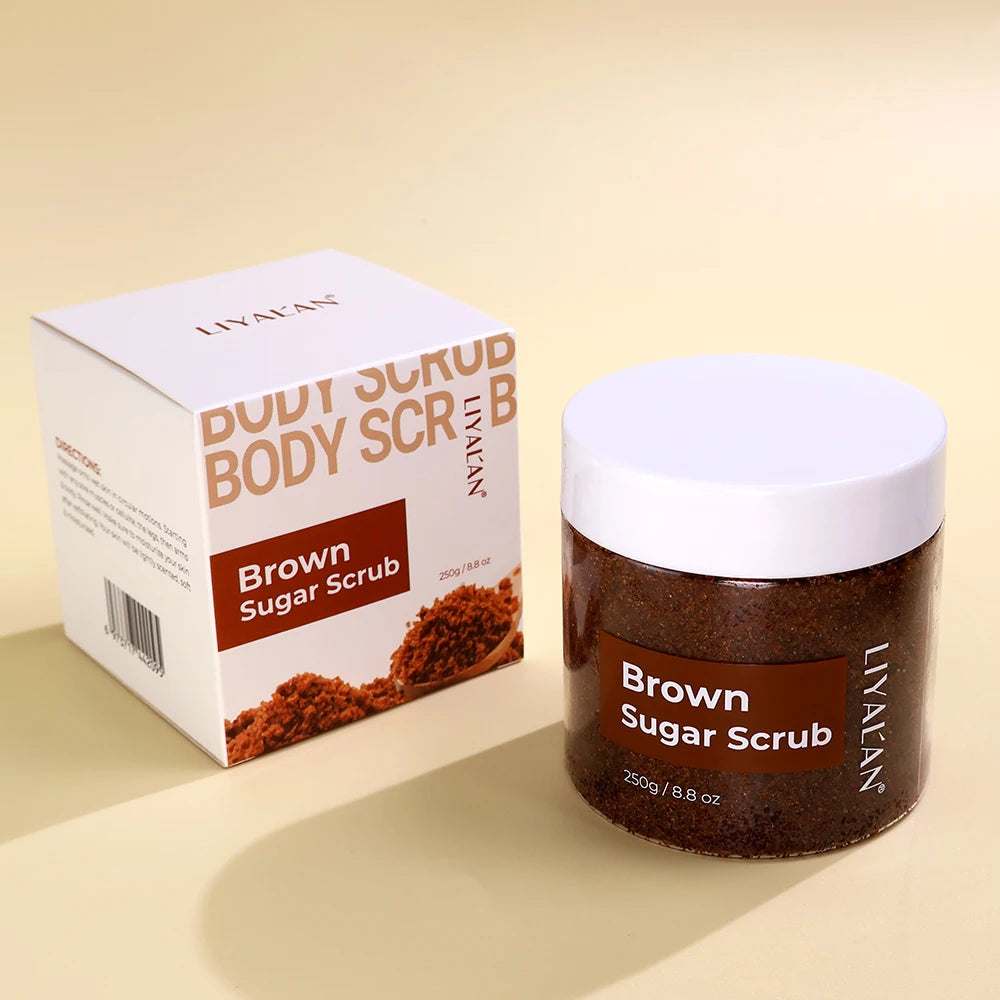 Brown sugar scrub jar and packaging on a beige background