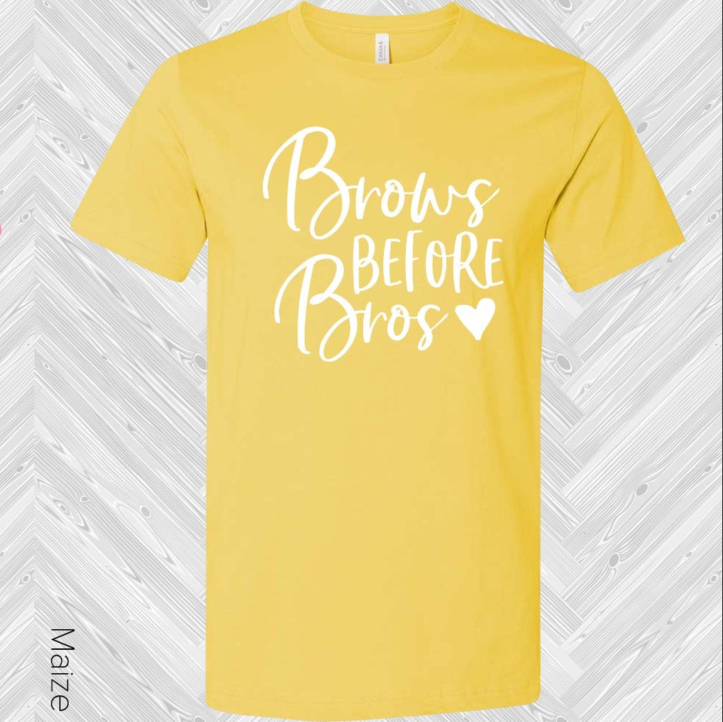 Yellow t-shirt with 'Brows Before Bros' text on a white and gray striped background
